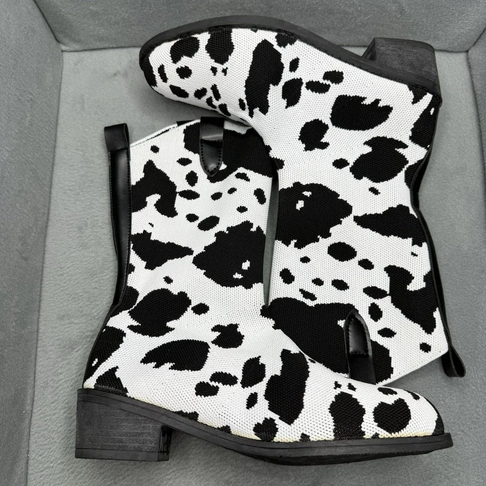 Women's Cow Print Knit Ankle Boots Size 40 Black White Block Heel Western